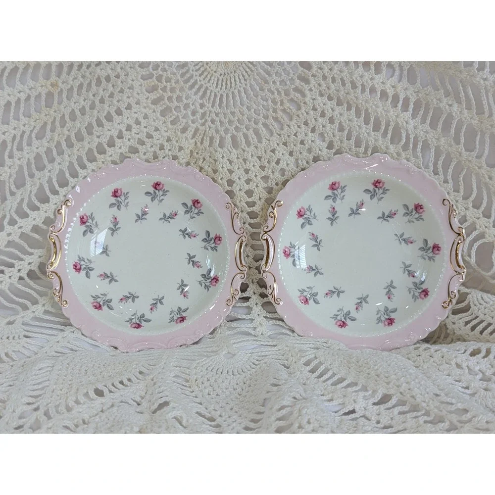 Royal Albert Pink Rose Bone China Shallow Berry Nut Dessert Bowls Set of 2 Gold